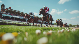 Horses racing on flat turf