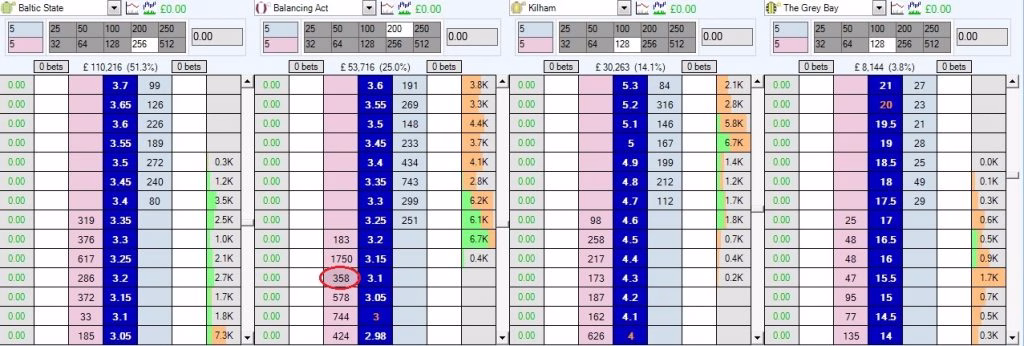 Betfair ladder in Bet Angel